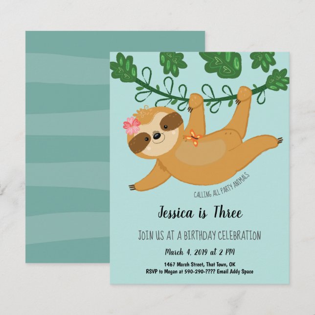 Invitation Jote Sloth Tropical Girl Anniversaire (Devant / Derrière)