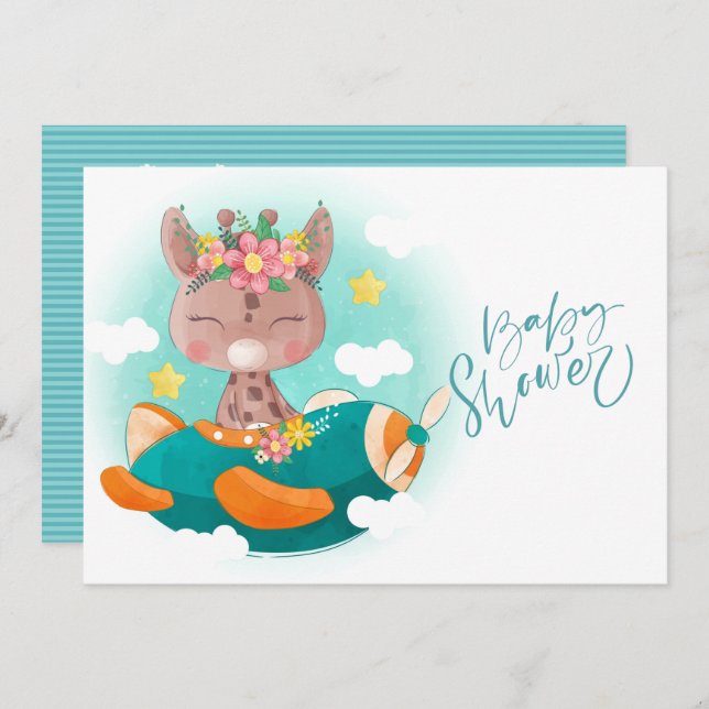 Invitation Jote Turquoise avion Baby shower girafe (Devant / Derrière)