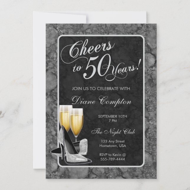 Invitation Joue à 50 ans d'argent et de noir anniversaire (Devant)