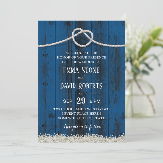 Invitation Joue rustique Knot Marine Bleu Mariage en bois gra (Debout devant)