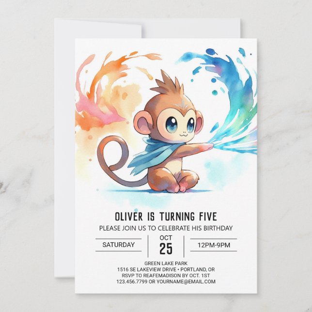 Invitation Jouer Aquarelle Singe Anniversaire (Devant)