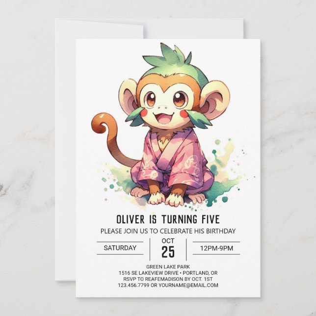 Invitation Jouer Aquarelle Singe Anniversaire (Devant)