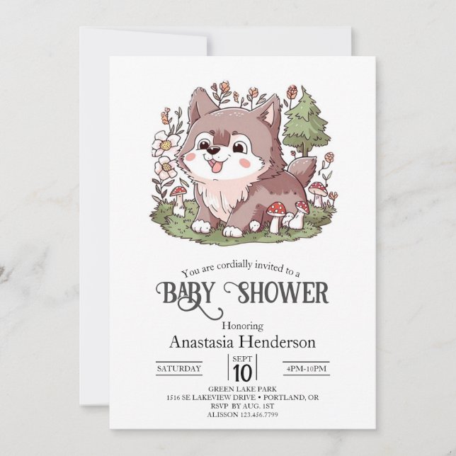 Invitation Jouer Baby shower de loup de charme (Devant)