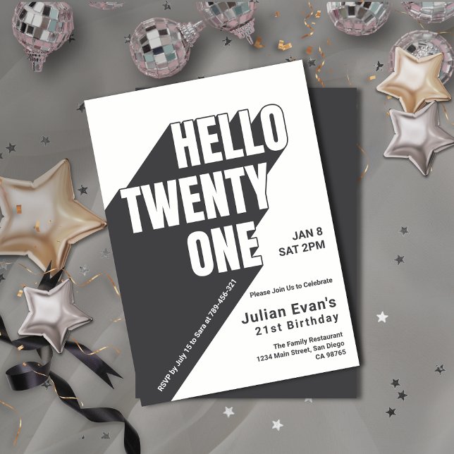 Invitation Jouer Black & Whit Gras Typographie 21e anniversai (Playful Black & Whit Bold Typography 21st Birthday Invitation)