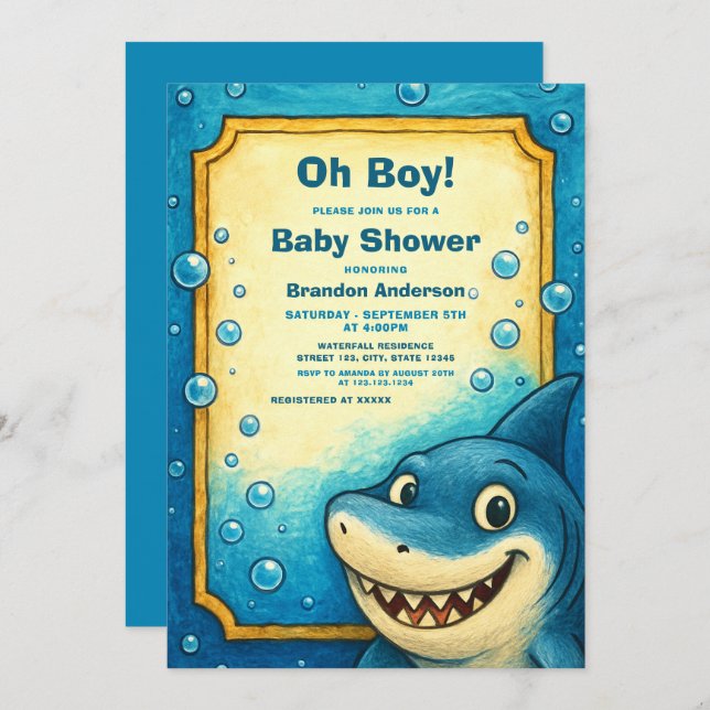 Invitation Jouer Blue Shark Bubbles Baby shower garçon (Devant / Derrière)