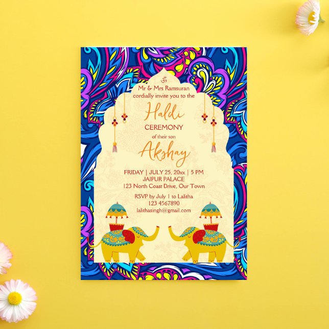 Invitation Jouer éléphants mariages indiens bleu jaune haldi (Haldi Invitation Indian wedding elephants oriental blue pattern background Instant download)