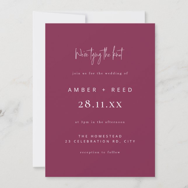 Invitation Jouer le noeud Mariage Burgundy Script (Devant)