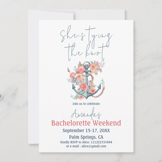 Invitation Jouer le noeud Nautique Bachelorette Itinéraire (Devant)