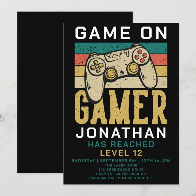 Invitation Jouer Niveau Supérieur Fête d'anniversaire de jeu  (Devant / Derrière)