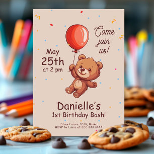 Invitation Jouer Ours 1er anniversaire, Balloon rouge Premier