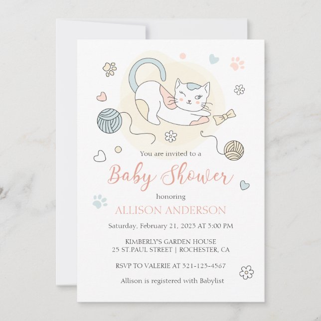 Invitation Jouer petit chaton bébé fille douche (Devant)