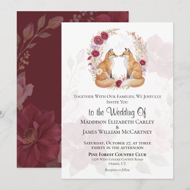 Invitation Jouer Renard Automne Mariage Floral (Devant / Derrière)
