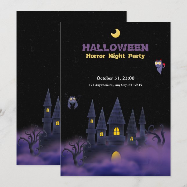 Invitation Jouer violet noir amusant Halloween 5" x 7" (Devant / Derrière)