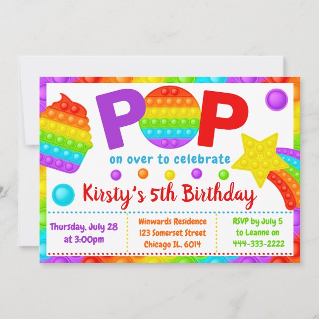 Invitation Jouet anti-stress Pop It arc-en-ciel pour annivers (Devant)