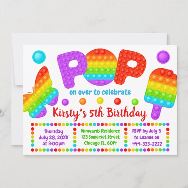 Invitation Jouet anti-stress Pop It arc-en-ciel pour annivers (Devant)