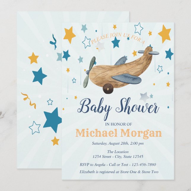 Invitation Jouet Avion, Fête Bébé Étoiles (Devant / Derrière)