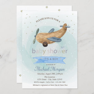 Invitation Jouet d'avion, Stars présente Baby shower bleu