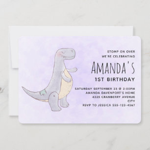 Invitation Jouet Dinosaure gris mou Aquarelle Anniversaire