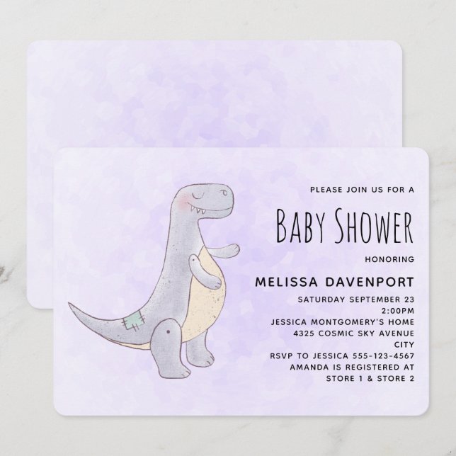 Invitation Jouet Dinosaure gris mou Baby shower d'aquarelle (Devant / Derrière)