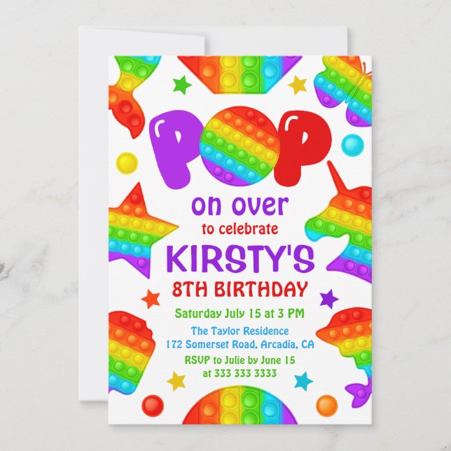 Invitation Jouet Fidget Pop Arc-en-Ciel Anniversaire Fille (Devant)