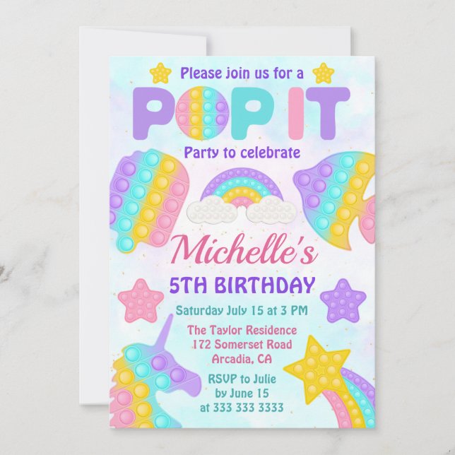 Invitation Jouet Fidget Pop Arc-en-ciel Pastel pour Anniversa (Devant)