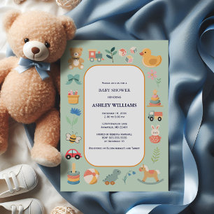 Invitation Jouets Anciens Unisexes Fête de Naissance Verte