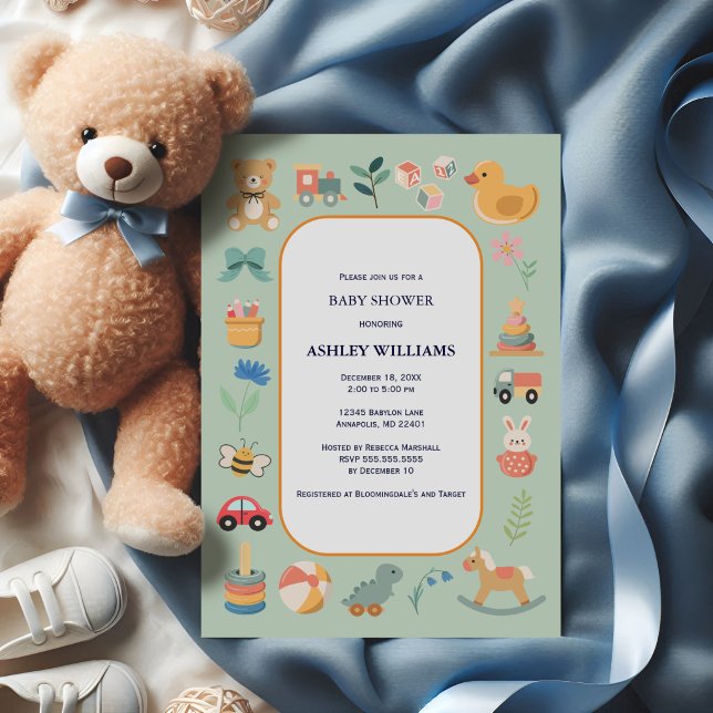 Invitation Jouets Anciens Unisexes Fête de Naissance Verte (Créateur téléchargé)