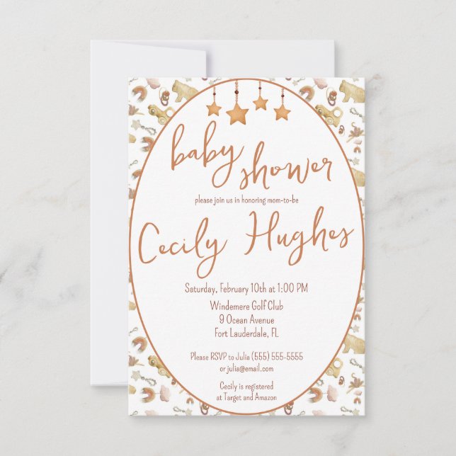 Invitation Jouets bébé bohème en bois naturel, Baby shower éc (Devant)