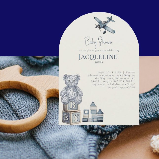 Invitation Jouets bébé crème et bleu Arche Fête de naissance  (Créateur téléchargé)