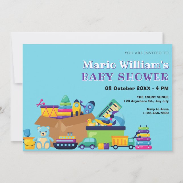 Invitation Jouets bleu baby shower bébé (Devant)