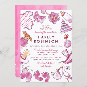 Invitation Jouets d'aquarelle rose mignon Baby shower bébé