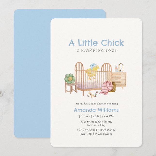 Invitation Jouets de nurserie bleus pour la fête de bébé Litt (Devant / Derrière)