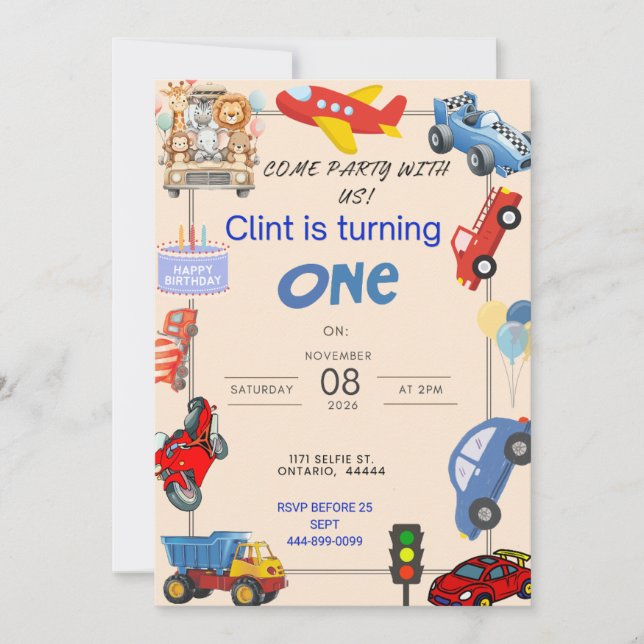 Invitation Jouets de véhicules pour 1er anniversaire (Devant)