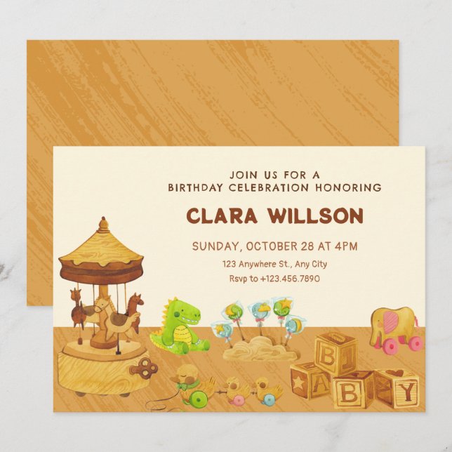 Invitation Jouets en bois anniversaire ludique (Devant / Derrière)