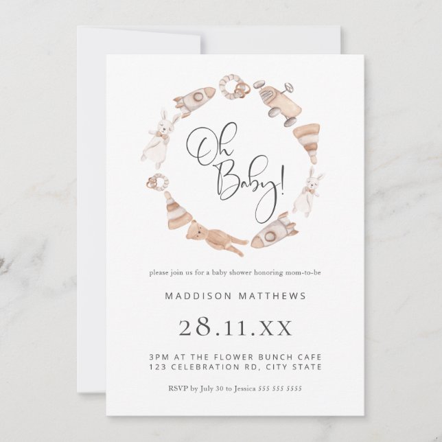 Invitation Jouets en bois minimalistes Baby shower neutre (Devant)