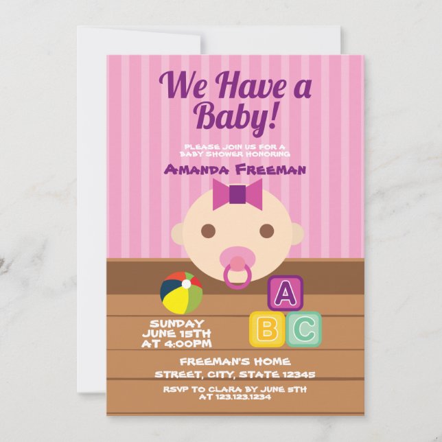 Invitation Jouets mignons rose et violet Baby shower fille (Devant)