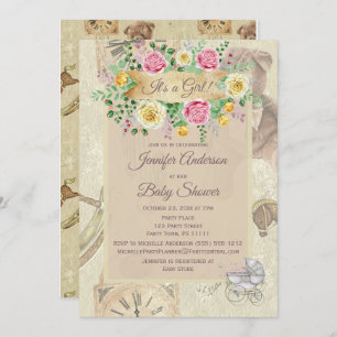 Invitation Jouets vintages Baby shower Floral