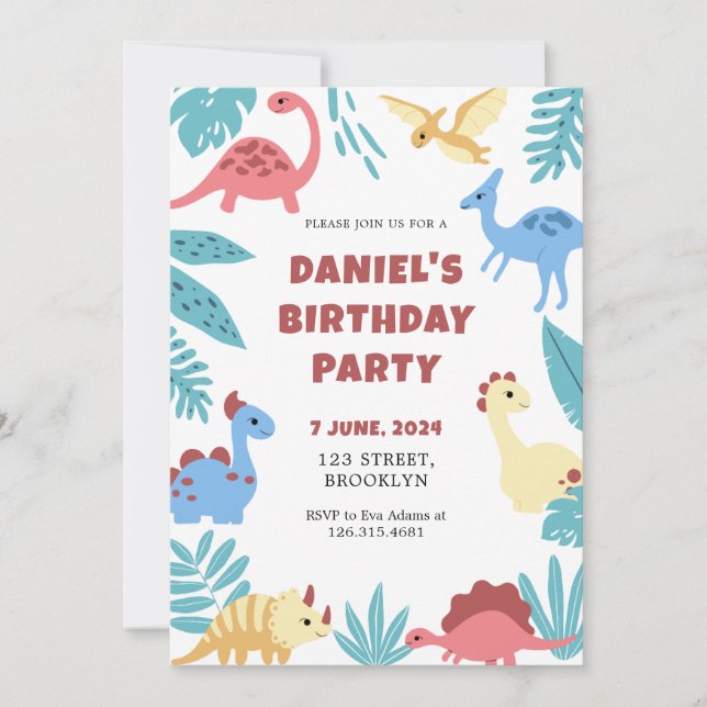 Invitation Joueur coloré Illustrative Dinosaure Anniversaire (Devant)