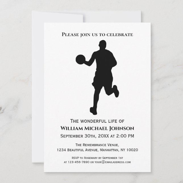 Invitation Joueur de basket noir et blanc pour les funéraille (Devant)