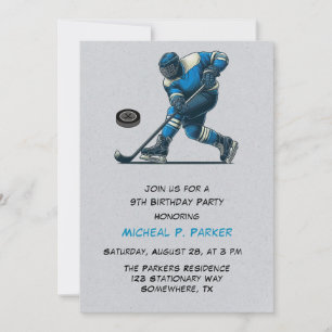 Invitation Joueur de hockey bleu et gris fête d'anniversaire