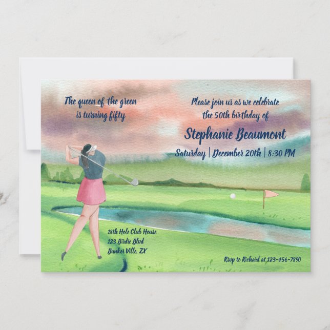 Invitation Joueuse de golf en plein swing Cinquante 50e anniv (Devant)