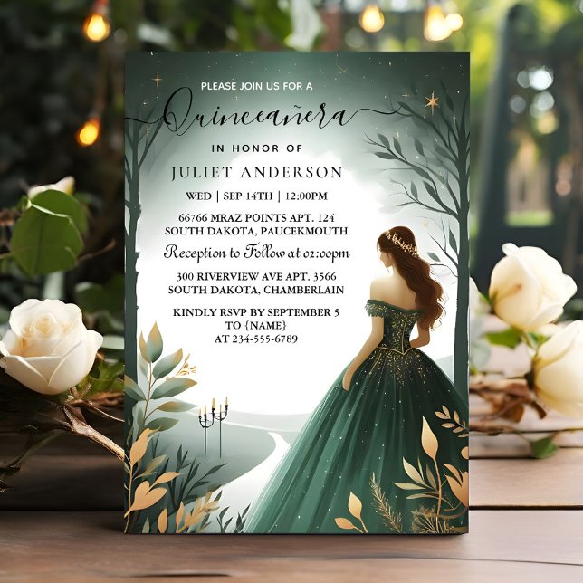 Invitation Jour Arbres Gold Mint Glam Emerald Green Quinceane (Créateur téléchargé)