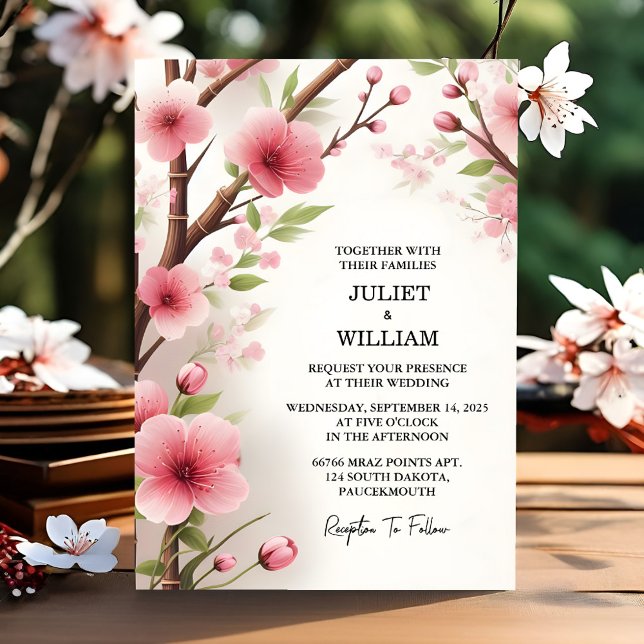 Invitation Jour Bois Bambou rose Sakura Cerry Blossom Mariage (Créateur téléchargé)