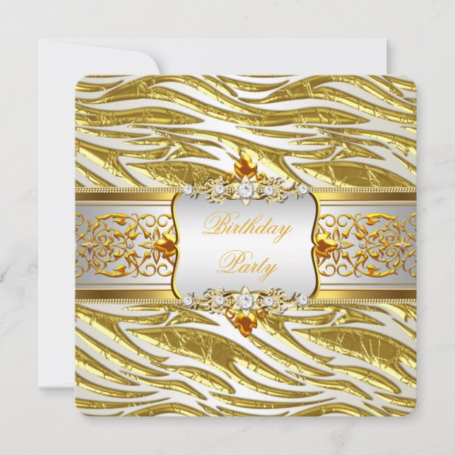 Invitation Jour d'anniversaire blanc Zebra Gold Elegant (Devant)