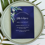 Invitation Jour d'anniversaire bleu marine<br><div class="desc">Arrière - plan bleu marine,  décoré de verdure. La couleur bleue est inégale. Personnalisez et ajoutez votre nom et les détails de votre fête.</div>