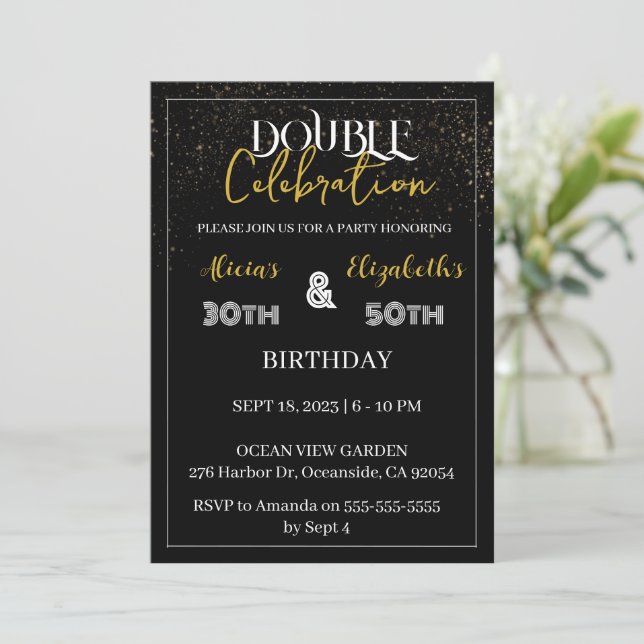 Invitation Jour d'anniversaire conjoint adulte Noir & Or comb (Debout devant)