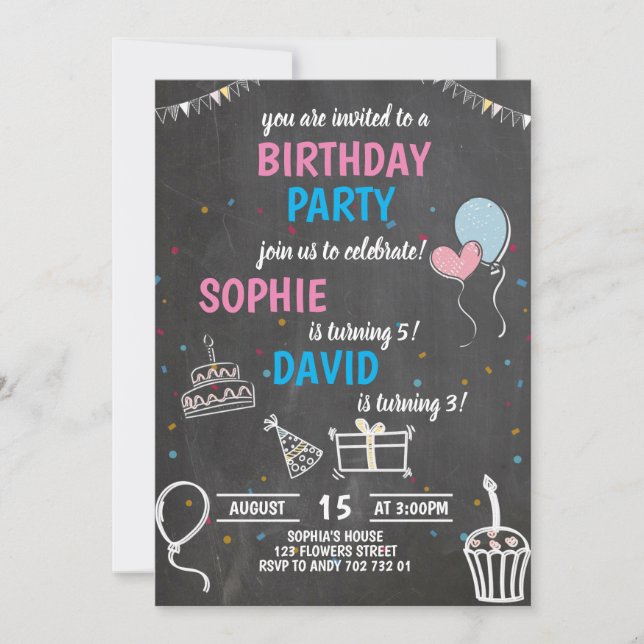 Invitation Jour d'anniversaire conjoint Boy & Girl Chalkboard (Devant)