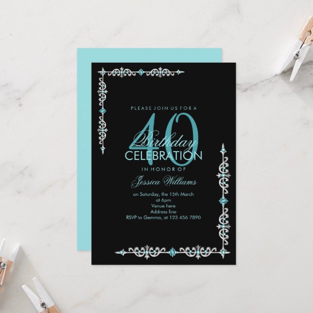 Invitation Jour d'anniversaire d'Aqua Gem décoratif classique (Devant/Arrière en situation)