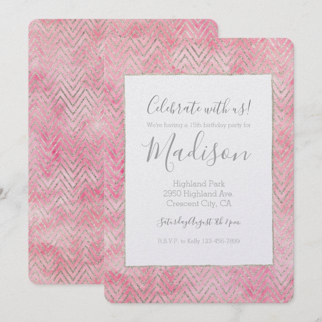 Invitation Jour d'anniversaire de Glitz Chevron rose pâle (Devant / Derrière)
