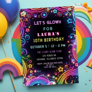 Invitation Jour d'anniversaire de la fête de la lueur de néon